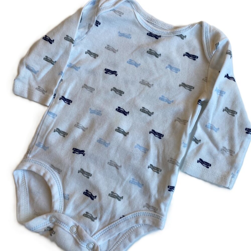 ✈️ Airplane Long Sleeve Bodysuit White Blue 0-3M